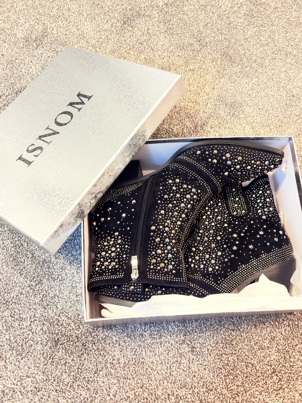 ISNOM Black Crystal-Studded Women's Ankle Booties